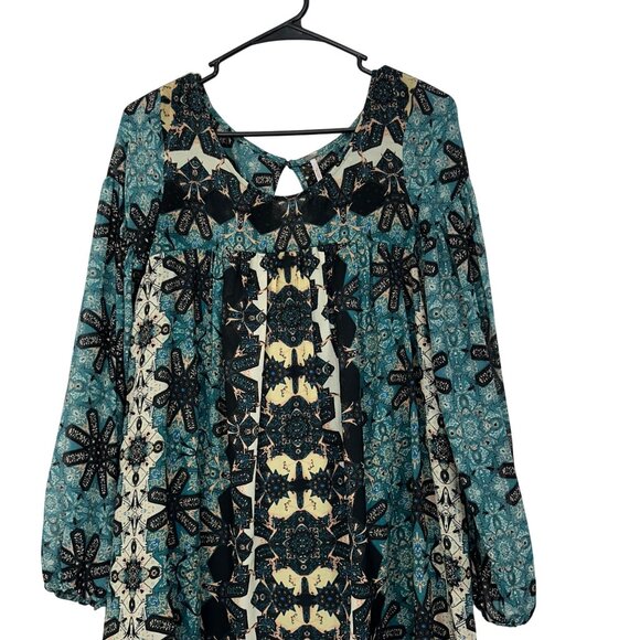 Free People Women SZ XS Boho Long Sleeve Printed Tunic Dress In Blue & Cream - Picture 12 of 14